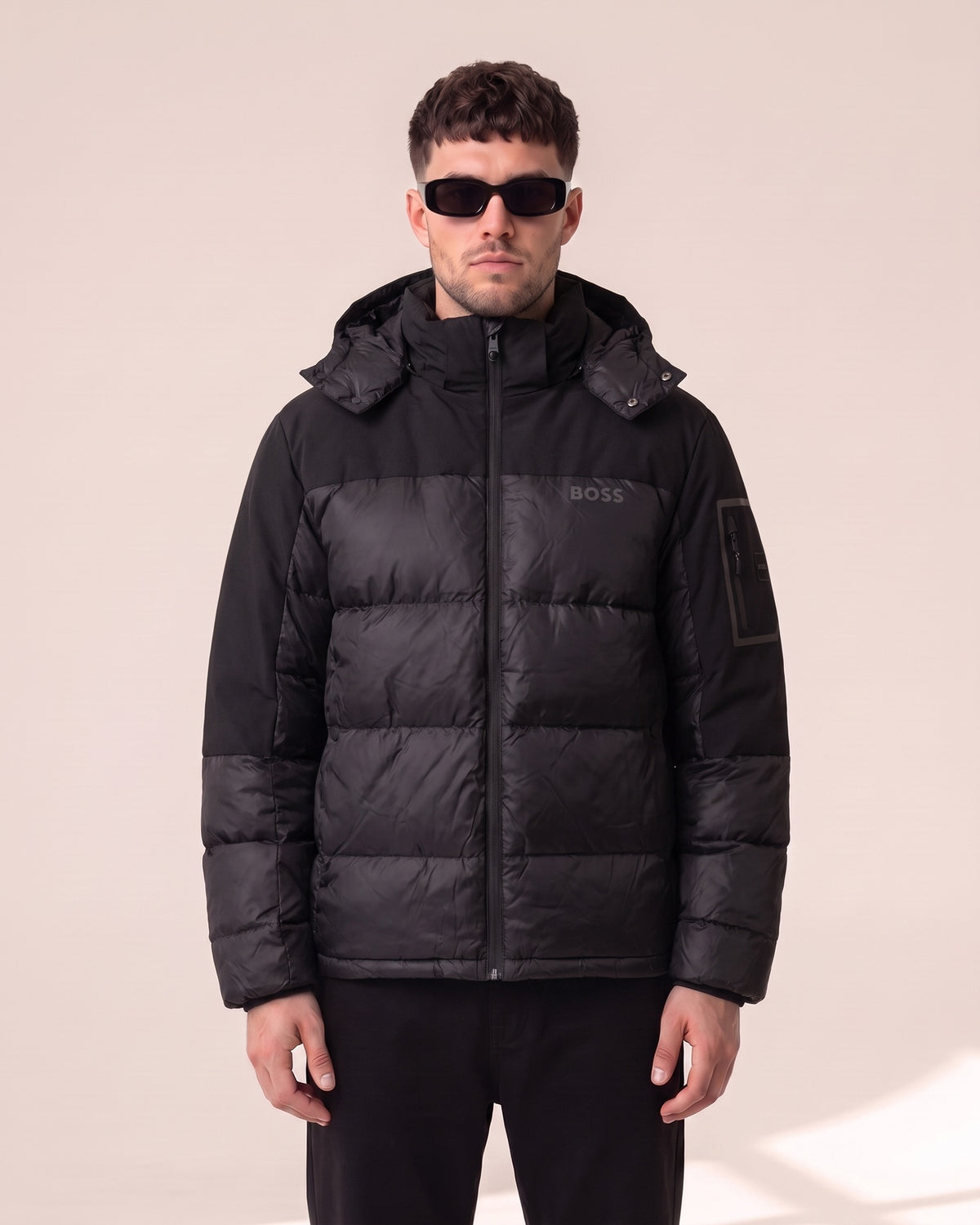 Hugo Boss hooded puffer jacket with softshell yoke in black