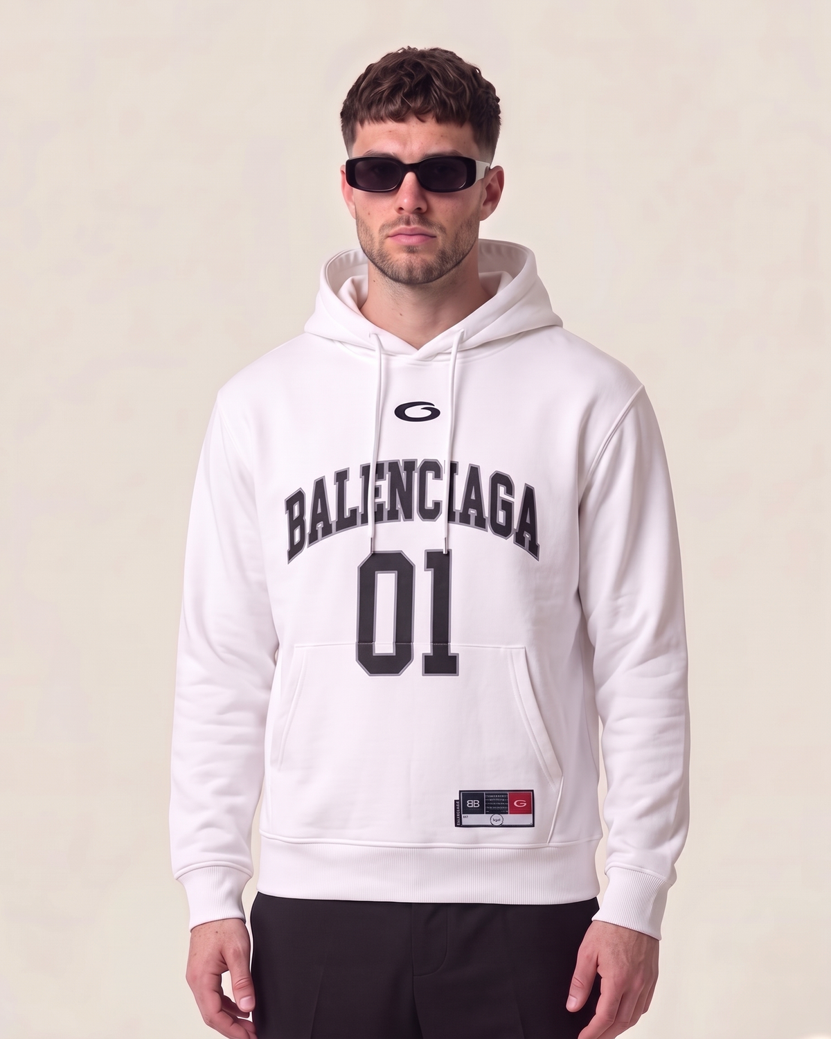 Balenciaga 01 varsity hoodie in white, front