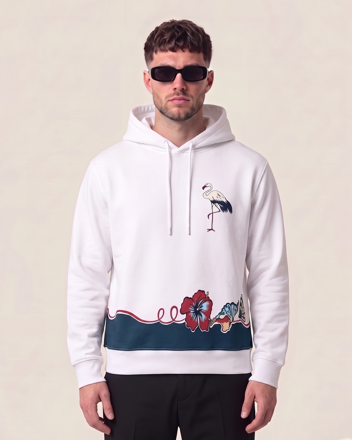 Dsquared2 hoodie with crane and tropical print in white, front