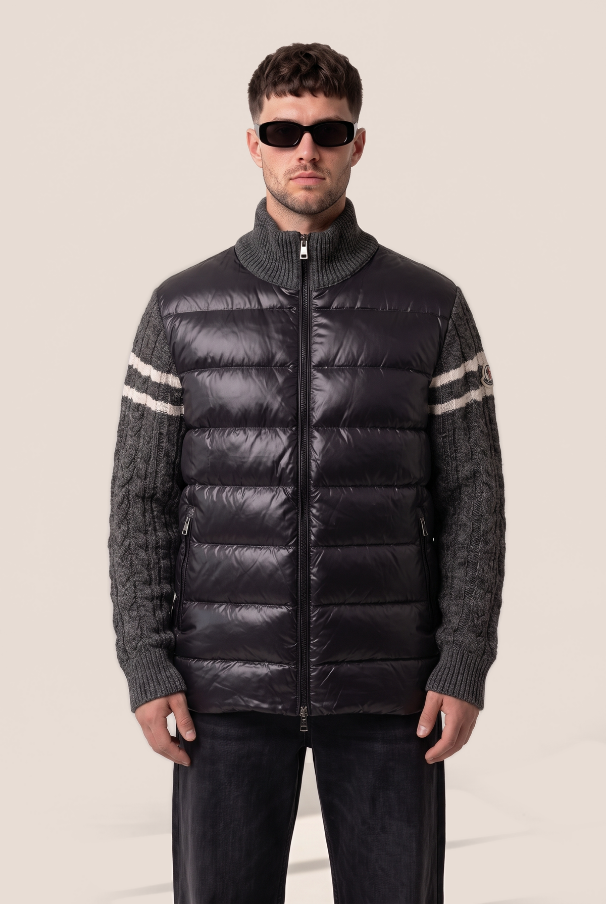 Moncler glossy puffer jacket with grey knit sleeves