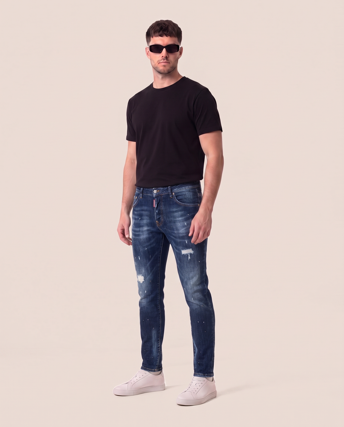 Dsquared2 temne indigo raztrgane kavbojke z oranžnimi packami, sprednji pogled