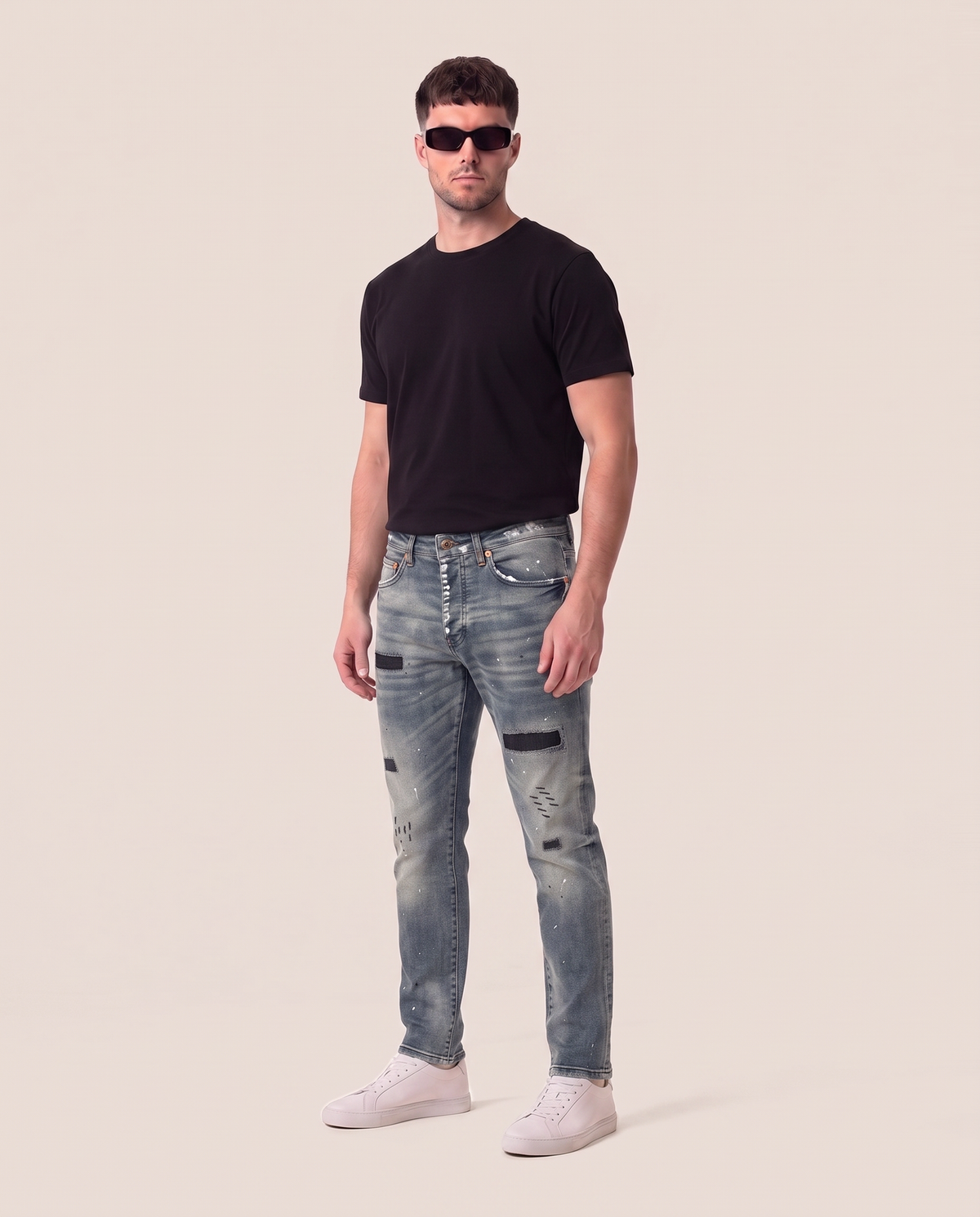 Purple Brand sivo modre kavbojke s temnimi zaplatami, sprednji pogled