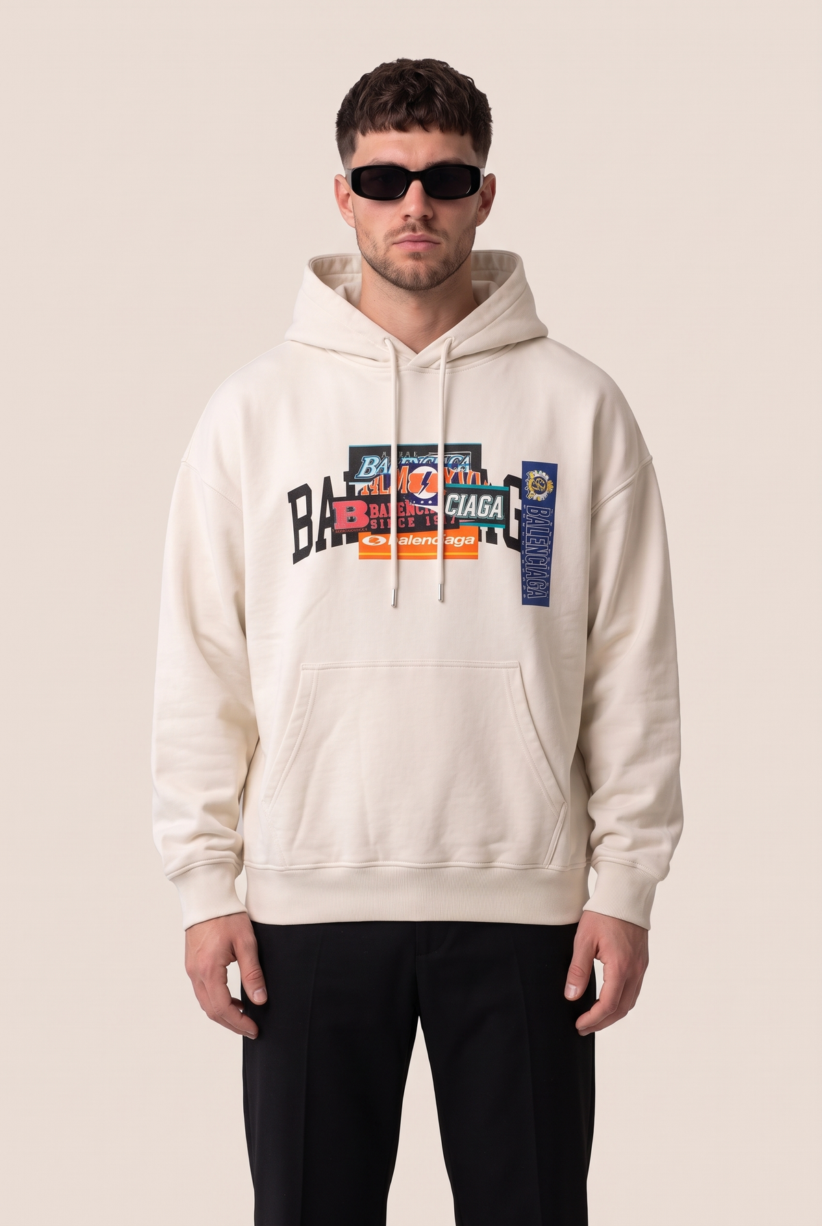Balenciaga sticker collage hoodie, white, front