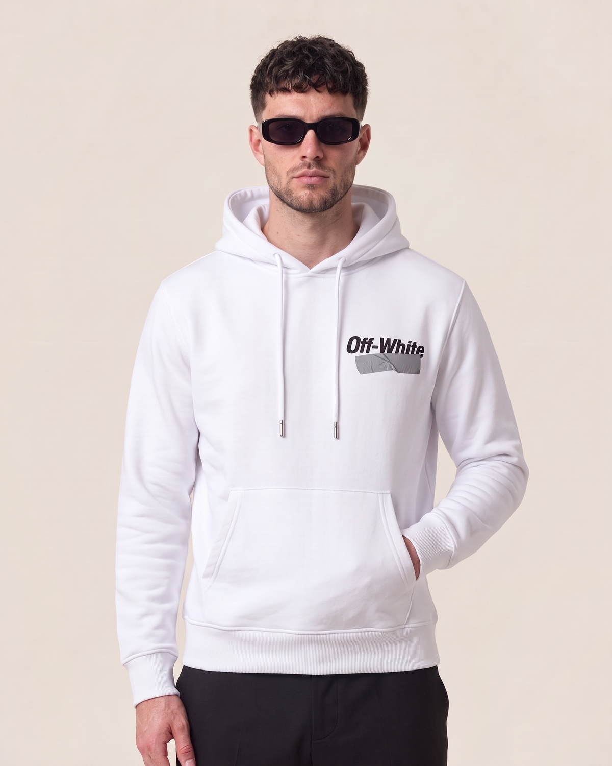 Off-White hoodie with tape logo in white, front